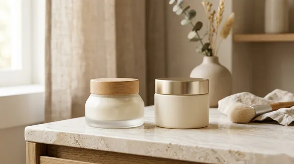 Two unbranded luxury moisturizer jars side by side on a marble vanity