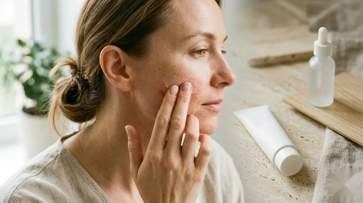 Soothing azelaic acid cream applied to a calm, even complexion