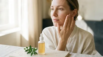 Gentle bakuchiol serum applied to calm skin with botanical leaves nearby