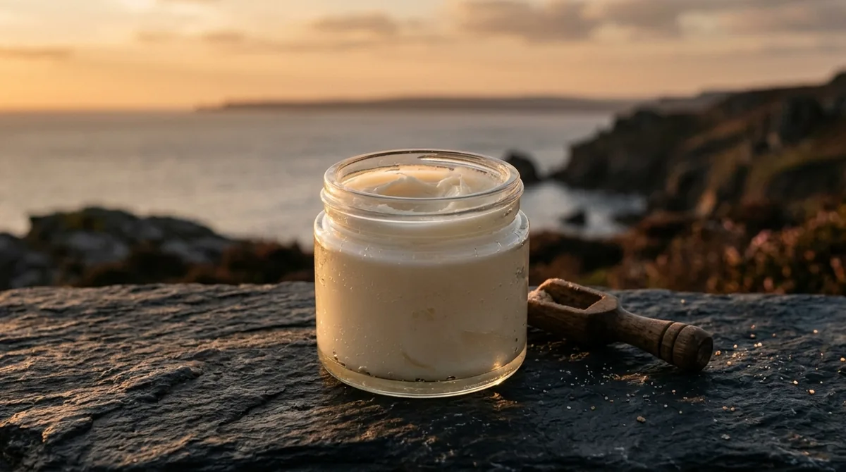 An open unlabelled glass jar of pale solid balm on dark coastal rock at sunset, a small wooden scoop beside it