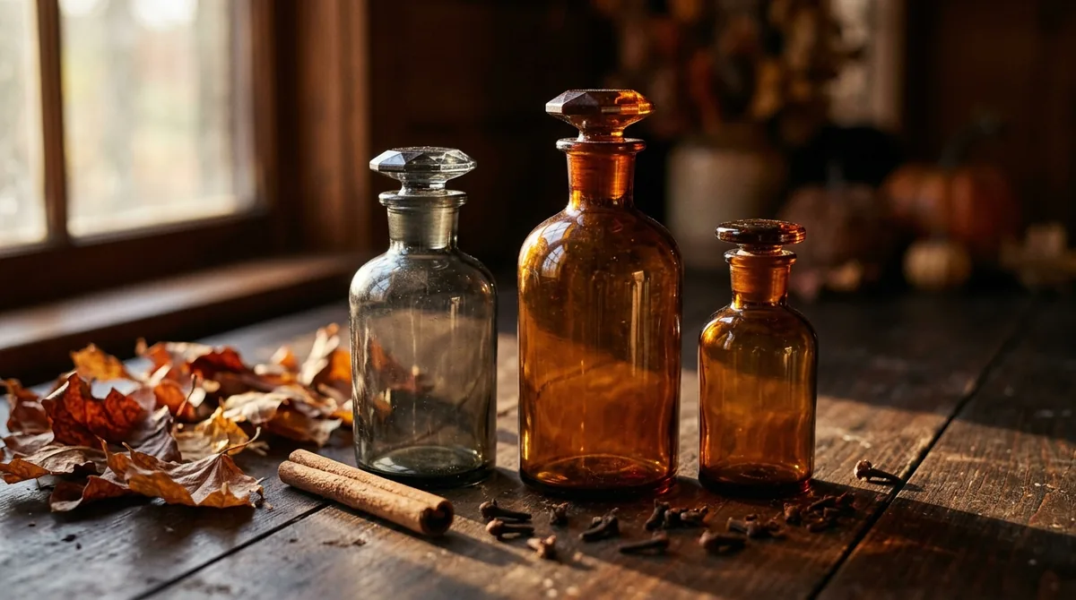 Three plain unlabelled apothecary bottles in clear and amber glass on a dark wooden table beside dried autumn leaves, a cinnamon stick and scattered cloves, lit by warm low daylight from a window