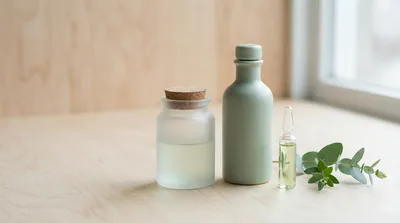 Three unbranded apothecary vessels of different heights on a pale birch wood surface beside a window, a frosted glass jar with a cork stopper, a slim celadon ceramic bottle and a small glass ampoule, with a sprig of eucalyptus