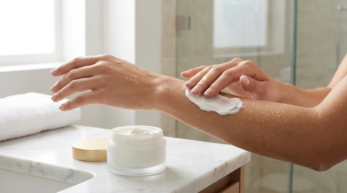 A woman smoothing a rich white body cream onto her damp forearm beside an open frosted glass jar with a gold lid on a white marble bathroom counter, fresh from the shower
