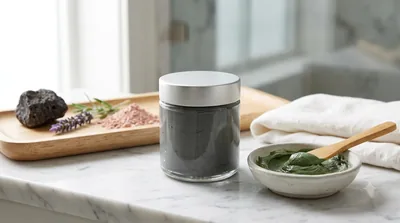 A jar of grey clay mask and a bowl of green clay with a bamboo spatula on a marble counter beside lava rock and lavender