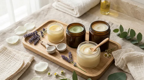 Three open jars of luxury cleansing balm on a wooden tray with lavender, eucalyptus and a muslin cloth