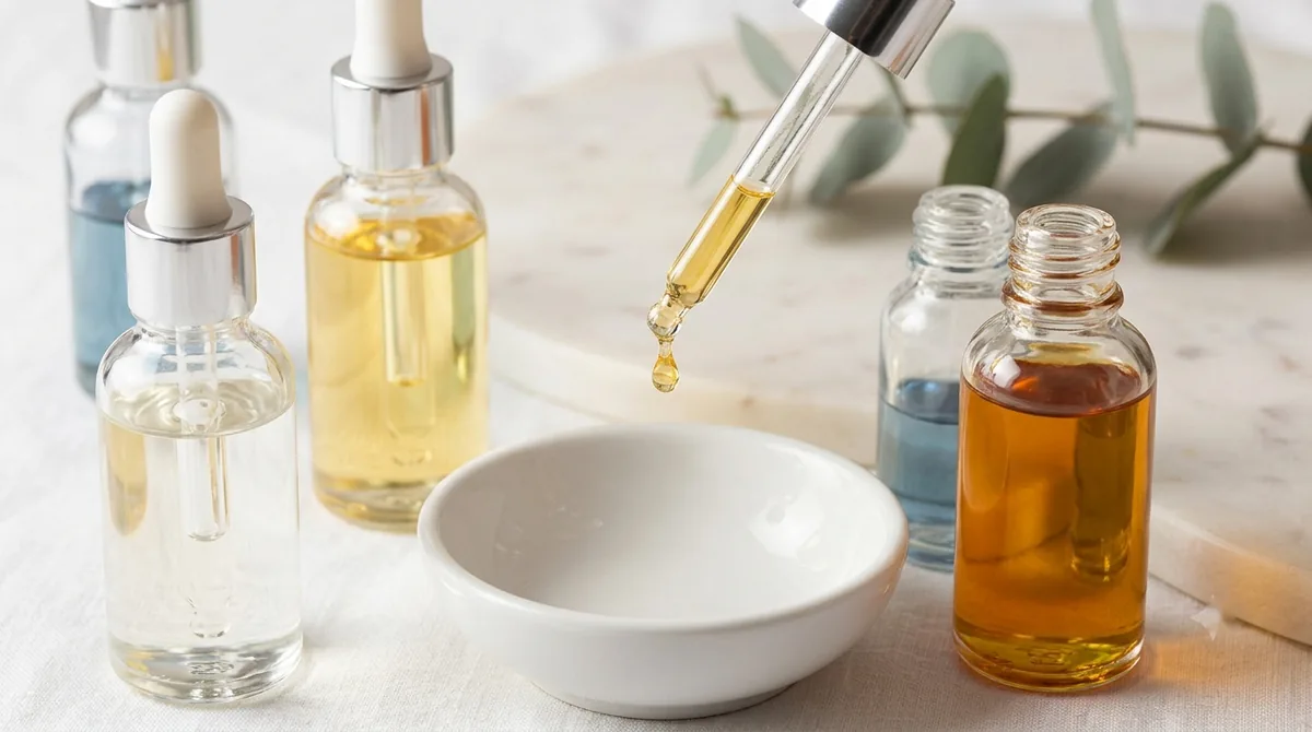 Glass dropper bottles of amber and clear facial oils on a pale marble slab, one drop falling into a small ceramic dish