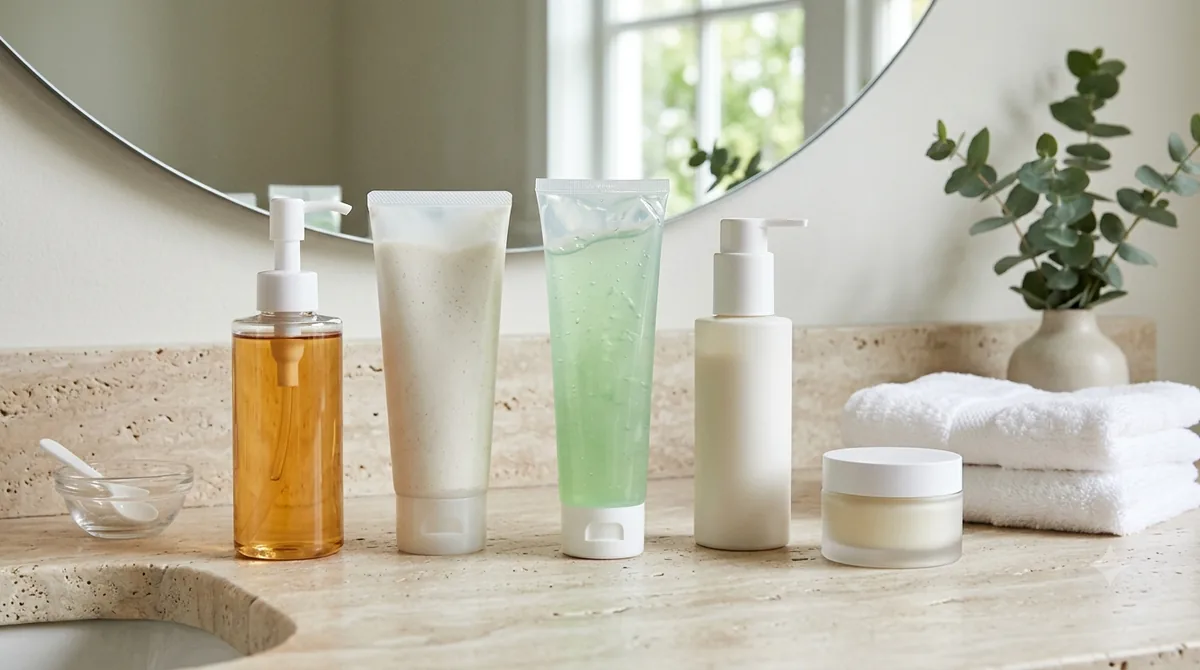 Five unbranded cleanser bottles and tubes in gel, cream and oil textures arranged on a travertine bathroom counter beside folded white towels and a eucalyptus sprig