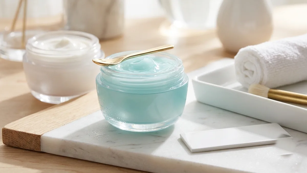 Open jar of luxury aqua gel-cream water moisturizer with a gold spoon on marble