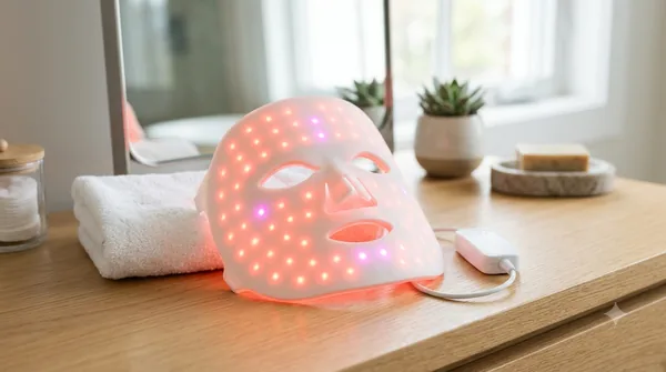 A glowing white silicone LED light-therapy face mask resting on a wooden vanity with a folded towel and plants