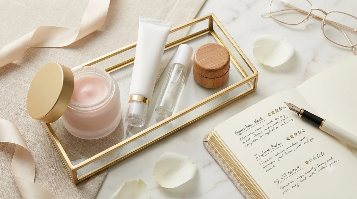 An open frosted glass jar of pale pink lip mask with a gold lid, a white lip treatment tube and a clear lip oil arranged on a gold-framed glass tray beside a handwritten notebook and white rose petals