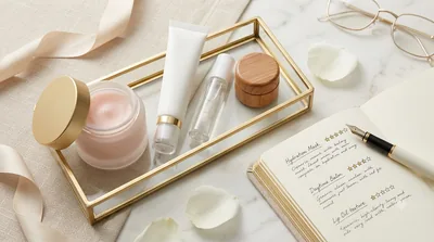 An open frosted glass jar of pale pink lip mask with a gold lid, a lip treatment tube and a lip oil on a gold-framed glass tray beside a notebook and rose petals