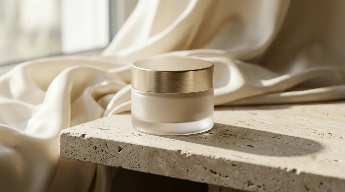 An unbranded frosted glass jar with a brushed champagne-gold lid resting on a pale travertine stone ledge, with soft ivory silk draped behind it in warm directional window light