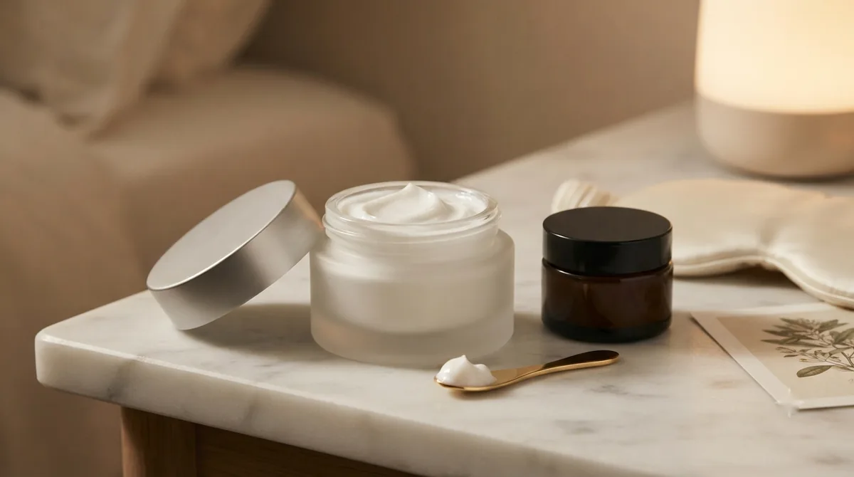 An open frosted glass jar of rich night cream on a marble bedside table, beside a gold spoon, a small amber jar, a silk sleep mask and a warm lamp