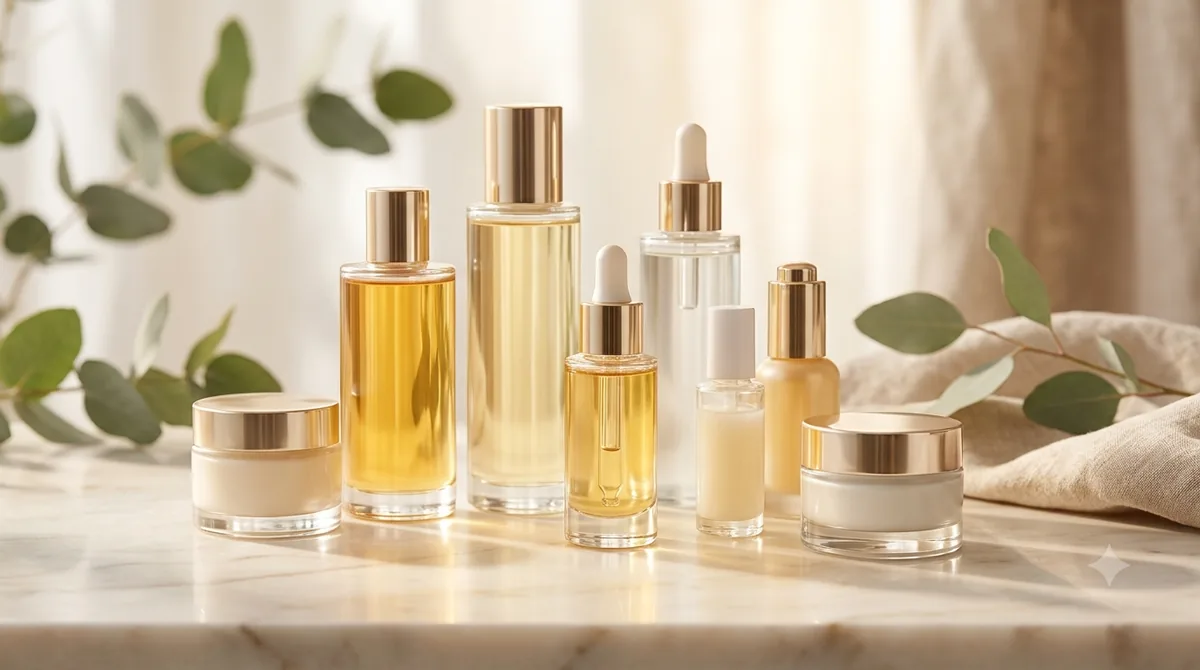 Luxury self-tanning and body oil bottles with gold caps on a sunlit marble surface