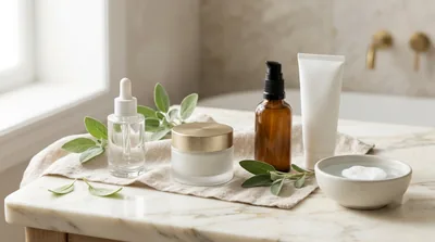 A calm marble vanity with a dropper serum, gold-lidded cream jar, amber bottle and white tube beside sage leaves
