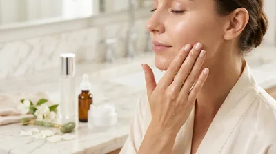 A woman pressing a hydrating essence into her cheek at a marble vanity with a serum bottle beside her