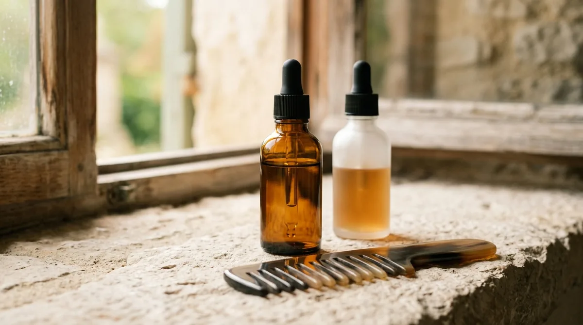 An unbranded amber glass dropper bottle and a plain frosted-glass dropper bottle standing on a pale limestone windowsill in warm directional daylight, with a horn comb lying flat in the foreground