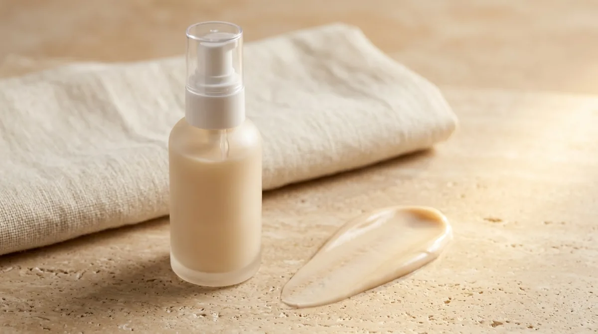 An unbranded frosted glass pump bottle of pale beige lotion on a warm travertine stone surface, with a smooth swatch of the cream smeared beside it catching golden late-morning light, ivory linen folded behind