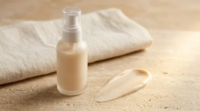 An unbranded frosted glass pump bottle of pale beige lotion on a warm travertine stone surface, with a smooth swatch of the cream smeared beside it catching golden late-morning light, ivory linen folded behind
