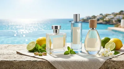 Three luxury summer fragrance bottles on a stone ledge beside a turquoise pool with lemons, limes and mint