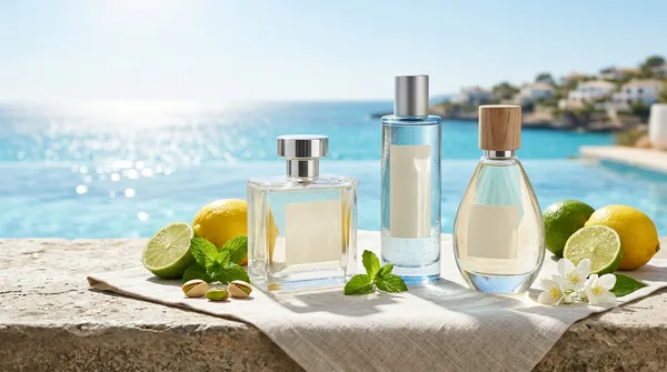 Three luxury summer fragrance bottles on a stone ledge beside a turquoise pool with lemons, limes and mint
