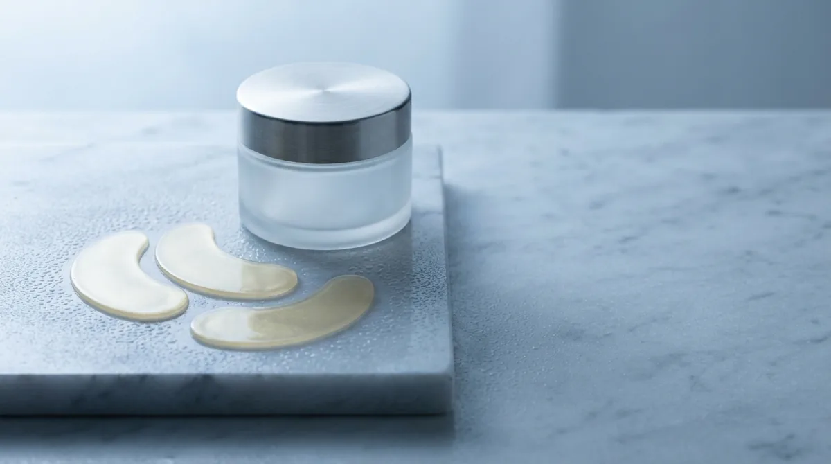 Two unbranded crescent-shaped translucent gel eye patches resting on a chilled pale grey marble slab beside a plain frosted glass jar with a brushed steel lid, in cool morning light