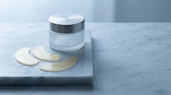 Two unbranded crescent-shaped translucent gel eye patches resting on a chilled pale grey marble slab beside a plain frosted glass jar with a brushed steel lid, in cool morning light