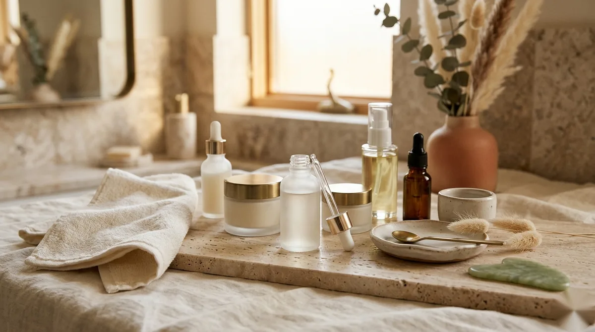 A curated flatlay of unbranded luxury skincare products on a bathroom vanity