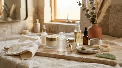A curated flatlay of unbranded luxury skincare products on a bathroom vanity