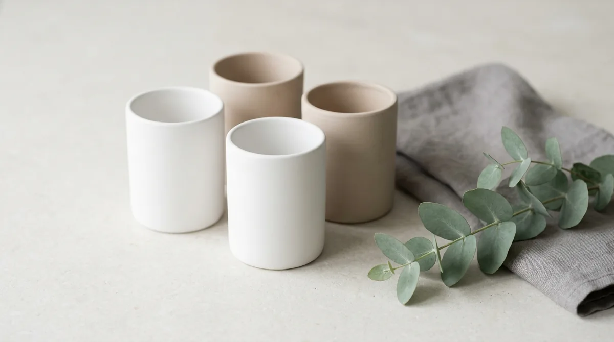 Four plain unmarked cylindrical containers in matte white ceramic and pale clay standing on a pale limestone surface beside a folded grey linen cloth and a sprig of eucalyptus, in soft diffuse daylight