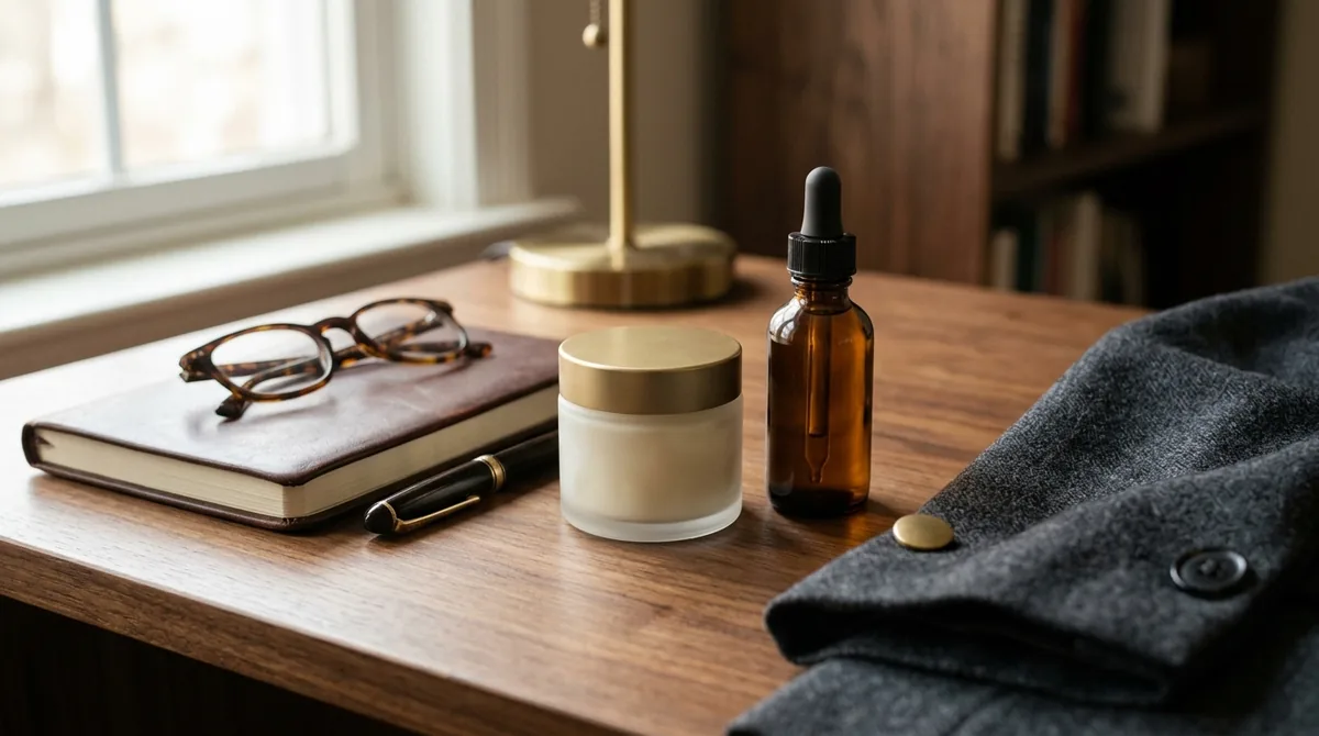 A walnut desk in warm morning light holding a plain unmarked frosted glass jar and an amber dropper bottle beside a closed leather notebook, a fountain pen, tortoiseshell reading glasses and the folded cuff of a charcoal wool blazer