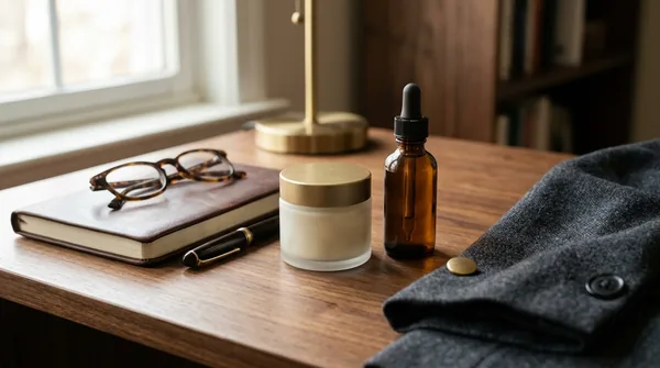 A walnut desk in warm morning light holding a plain unmarked frosted glass jar and an amber dropper bottle beside a closed leather notebook, a fountain pen, tortoiseshell reading glasses and the folded cuff of a charcoal wool blazer