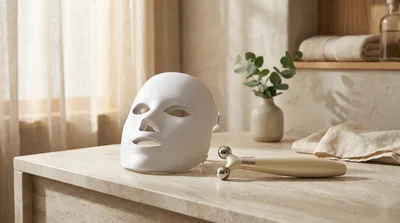 An unbranded LED face mask device and microcurrent wand arranged on a marble vanity
