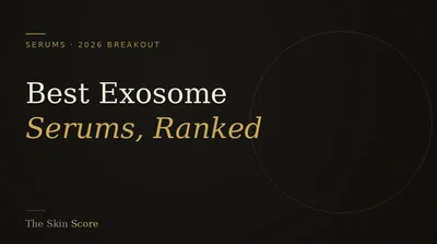 An unbranded exosome serum dropper bottle on a dark editorial backdrop