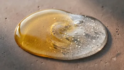 Amber face oil swirling into clear serum gel on a stone surface