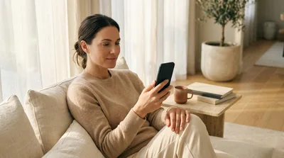A woman browsing a shopping app on her phone from a relaxed living room setting