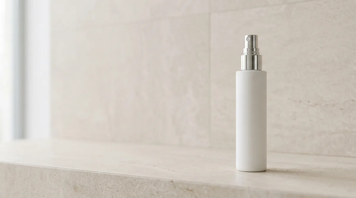 A tall slim unlabelled white fine-mist bottle standing on a pale stone ledge in soft diffused daylight