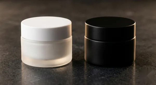 Two unbranded luxury cream jars side by side on dark stone