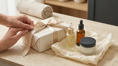 A luxury skincare gift trio with a satin-ribboned box on travertine