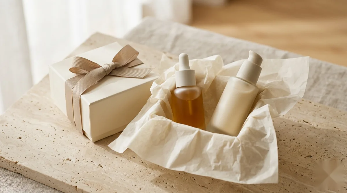 A cream gift box tied with a taupe ribbon beside an open box of tissue paper holding an amber dropper bottle and a plain white pump bottle, on a travertine slab