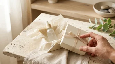 A minimal luxury skincare gift with a serum bottle and a ribboned box