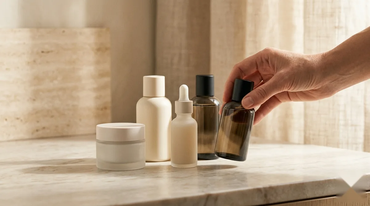 A hand selecting from a curated edit of unbranded luxury skincare bottles on marble