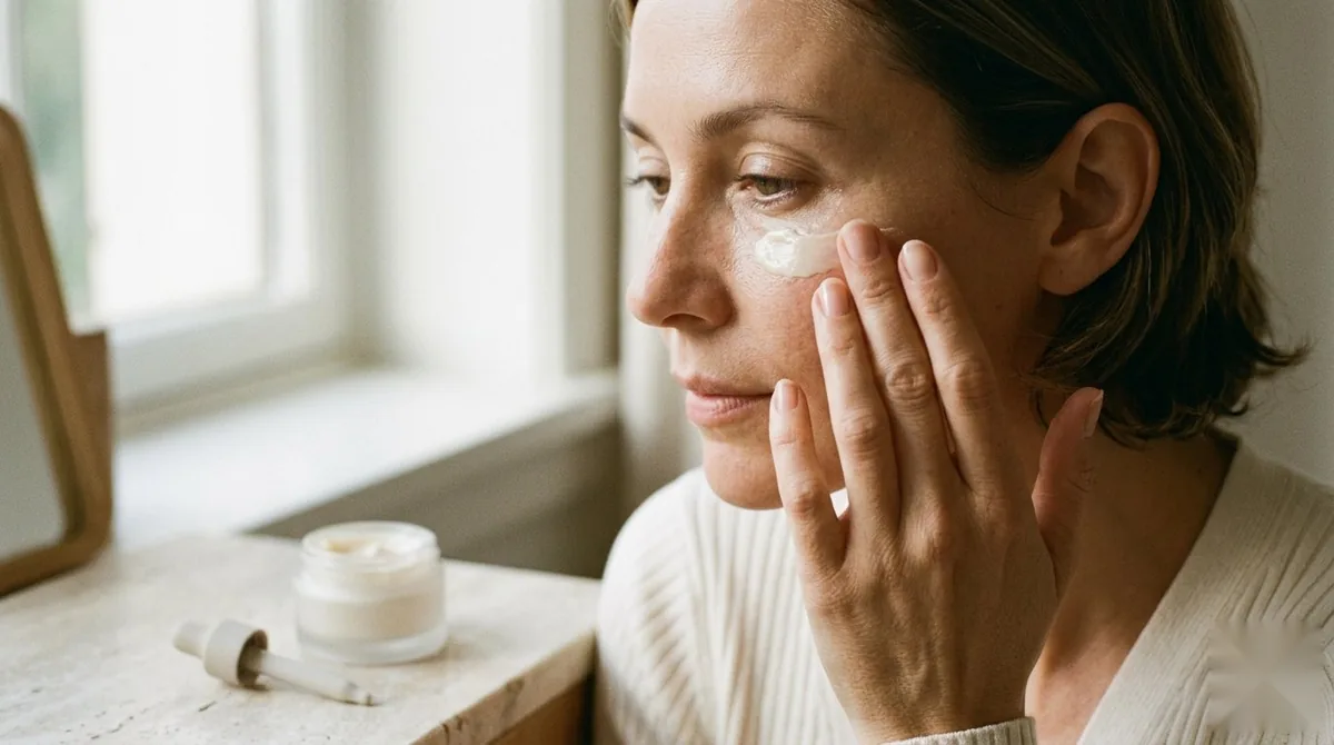 Ring finger tapping luxury eye cream beneath a refreshed eye