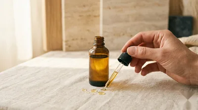 An unbranded luxury face oil bottle with golden oil and dropper