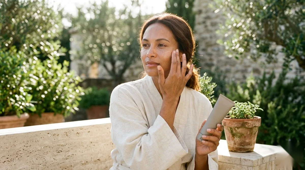 Woman smoothing luxury facial sunscreen onto her cheeks in golden daylight