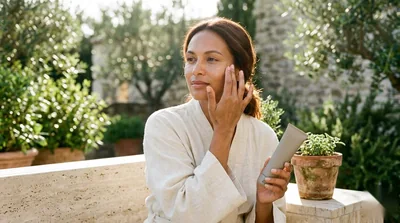 Woman smoothing luxury facial sunscreen onto her cheeks in golden daylight