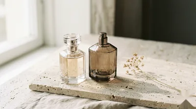 A pair of unbranded luxury fragrance bottles on a travertine slab in soft light