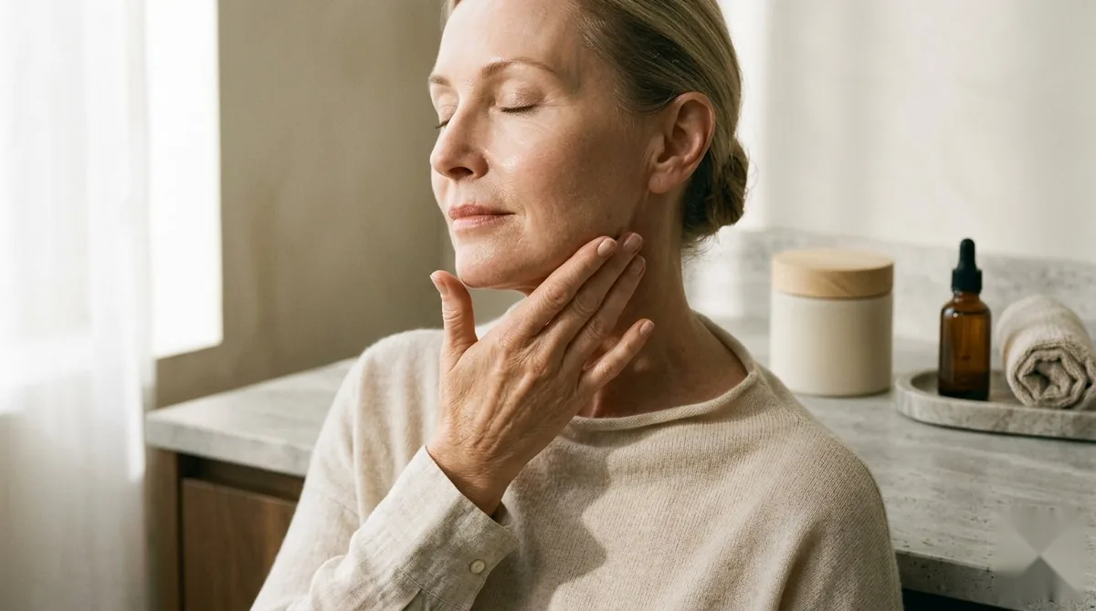 Mature woman smoothing a firming peptide serum along her jaw and neck