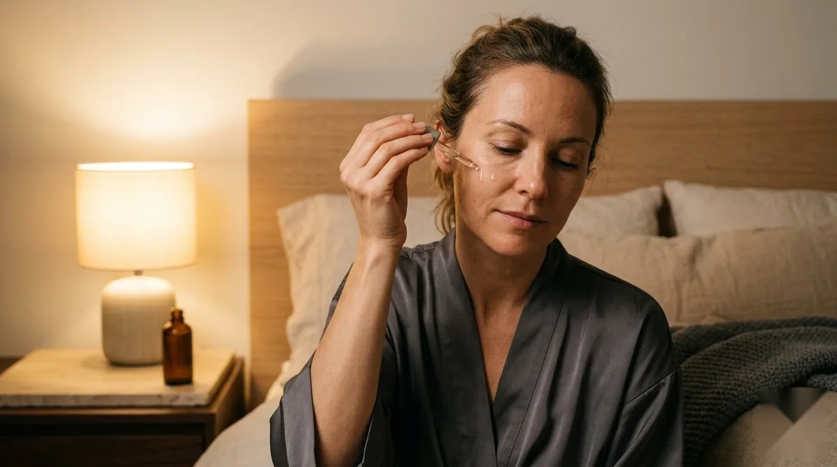 Woman applying a luxury retinol night serum to her cheek by warm lamplight