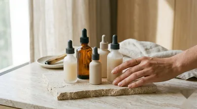 A collection of unbranded luxury serum dropper bottles on pale stone